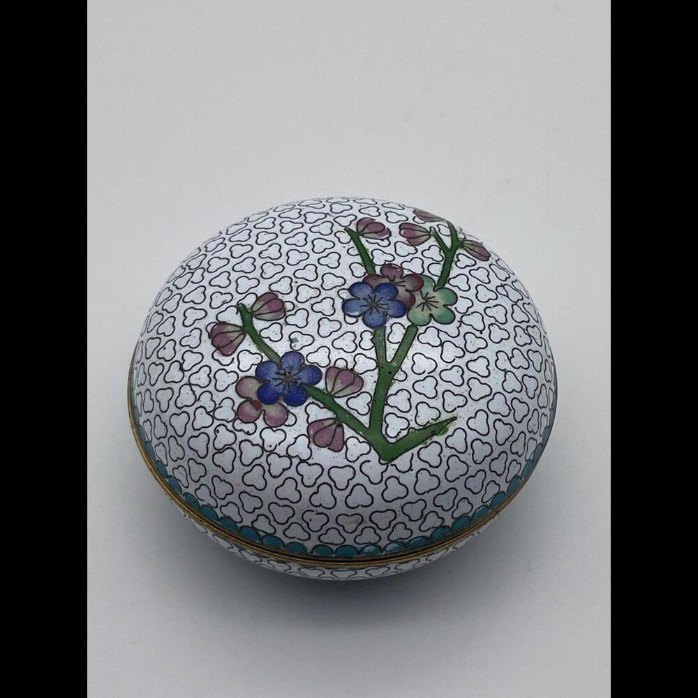 Vintage Cloisonné Round Trinket Box with Floral Design